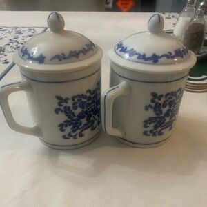 Blue Floral Ceramic Mugs with Lids